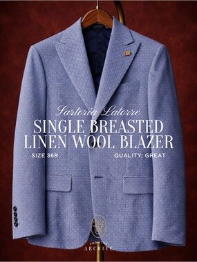 Men’s Blazer Light Blue Linen Wool Blend Peak Lapel | 2 Button Jacket | Size 36R